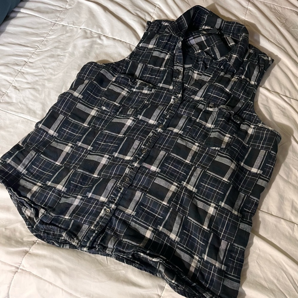 🌞 Rock & Republic Plaid Sleeveless Madras Patchwork Button Shirt Black Blue XXL